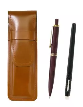 2 Pack Slim Cowhide Pencil Case Brown Pen Shape Eraser Black and Euro Style Brass Parts Knock Type Mechanical Pencil Set Red ASCMC46B-NXS-R-2