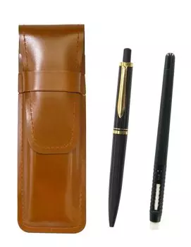 2 Pack Slim Cowhide Pencil Case Brown Pen Shaped Eraser Black and Euro Style Brass Parts Retractable Mechanical Pencil Set Black ASCMC46B-NXS-B-2