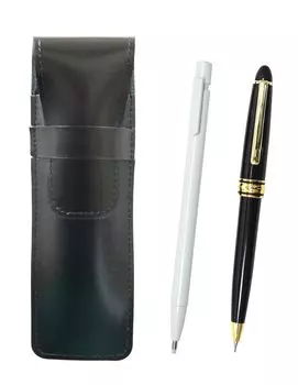 2 Pack Slim Cowhide Pencil Case Extra Fine Knock Type White and Metal Ring Cap Sliding Retro Mechanical Pencil Set Black, Eraser, ASBER15W-8838S-2