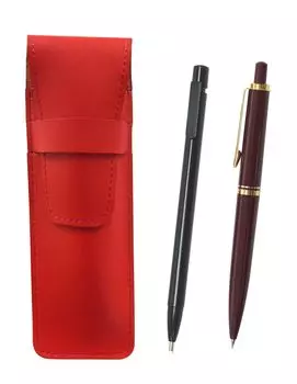 2 Pack Slim Cowhide Pencil Case Red with Extra Fine Knock Type Eraser Black and Euro Style Brass Parts Knock Type Mechanical Pencil Set Red