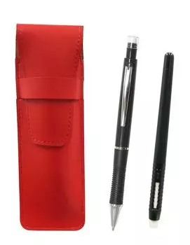 2 Pack Slim Cowhide Pencil Case Red Pen Shape Eraser Black and Metal Point Mechanical Pencil Black ASRMC46B-WZ13SP-B-2