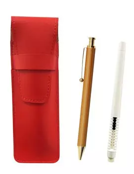 2 Pack Slim Cowhide Pencil Case Red Pen Eraser White and Bamboo Pattern Mechanical Pencil Set ASRMC46W-FB300CS-2
