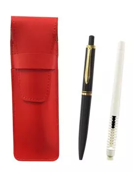 2 Pack Slim Cowhide Pencil Case Red Pen Shape Eraser White and Euro Style Brass Parts Knock Type Mechanical Pencil Set Black ASRMC46W-NXS-B-2