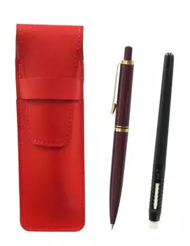 2 Pack Slim Cowhide Pencil Case Red Pen Shape Eraser Black and Euro Style Brass Parts Knock Type Mechanical Pencil Set Red ASRMC46B-NXS-R-2