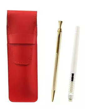2 Pack Slim Cowhide Pencil Case Red Eraser White and Z88 Whole Body Gold Hexagon Knock Metal Mechanical Pencil Set Pen-Shaped ASRMC46W-Z88KS-2
