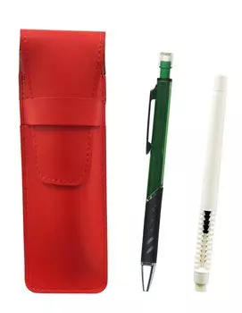 2 Pack Slim Cowhide Pencil Case Red Pen Eraser White and Metal Color Mechanical Pencil Green ASRMC46W-SI2067SP-G-2