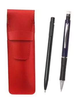 2 Pack Slim Cowhide Pencil Case Red with Extra Fine Knock Eraser Black and Metal Point Mechanical Pencil Blue ASRER15B-WZ13SP-L-2