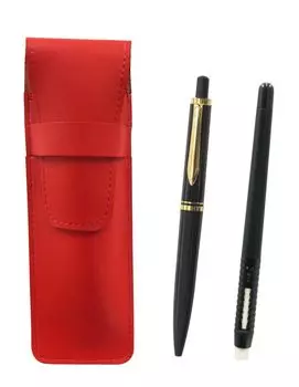2 Pack Slim Cowhide Pencil Case Red Pen Shape Eraser Black and Euro Style Brass Parts Retractable Mechanical Pencil Set Black ASRMC46B-NXS-B-2