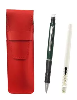 2 Pack Slim Cowhide Pencil Case Red Pen Eraser White and Metal Point Mechanical Pencil Green ASRMC46W-WZ13SP-G-2