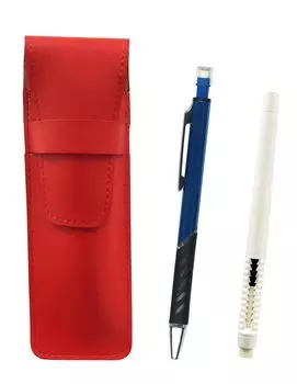 2 Pack Slim Cowhide Pencil Case Red Pen Eraser White and Metal Color Mechanical Pencil Blue ASRMC46W-SI2067SP-L-2