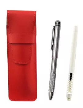 2 Pack Slim Cowhide Pencil Case Red Pen Type Eraser White and All Metal Rotating Ball Sharp Notch Grip Set & ASRMC46W-BSMM-2