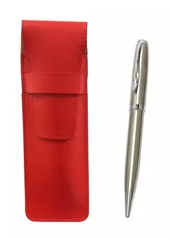 2 Pack Slim Cowhide Pencil Case Red Elegant Silver Rotating Ballpoint Pen Set T23-ASR-LF01CB-2