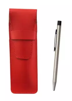 2 Pack Slim Cowhide Pencil Case Red Economy Stainless Steel Knock Type Ballpoint Pen Set T23-ASR-E402-2