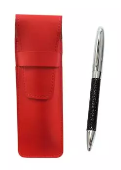 2 Pack Slim Cowhide Pencil Case Red Genuine Leather Wrapped Rotating Ballpoint Pen Director Set Black T23-ASR-PD03-B-2