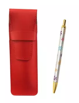 2 Pack Slim Cowhide Pencil Case Red Floral Ballpoint Pen Set T23-ASR-HS380B-2