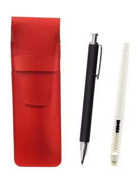 2 Pack Slim Cowhide Pencil Case Red Eraser White and Extruded Rubber Shaft Brass Knock Mechanical Pencil Set Black Pen-Shaped ASRMC46W-HS301S-2