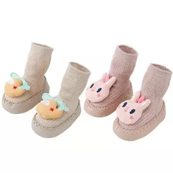 2 Pairs Baby Anti-Slip Cartoon Walking Shoes Kids Infant First Walking Mid Tube Floor Shoes Socks 0-2Y Spring Autumn Tube Socks S for 0-6 M