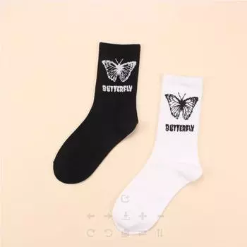 2 Pairs Butterfly Women s Socks Mid Tube Socks Spring Autumn Street Trend Sports Black White Stacked Socks for Girls