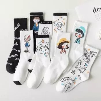 2 Pairs Funny Embroidery Street Drawing Patterned White Black Casual Hipster Socks Christmas Gift Soft Bre One Size