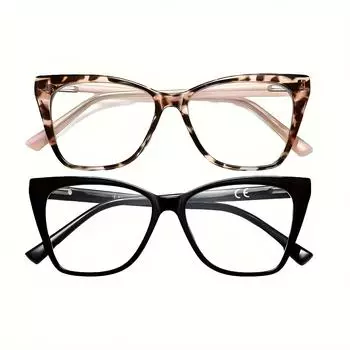 2 pairs of large frame retro cat eye reading glasses TR anti-blue light anti-fatigue reading glasses +100