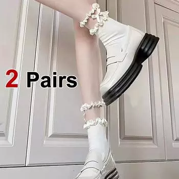 2 Pairs Women White Bow Flower Edge socks Fashionable Lolita Style Summer Sweat Absorbing Breathable Comfortable Casual Socks One Size