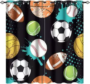 2 panel Football Rugby Basketball Baseball Billiards Printed Curtain Sports Theme Curtain for Boys Bedroom Living Room Windows (W50cmxH130cm)x2&Rod Pocket