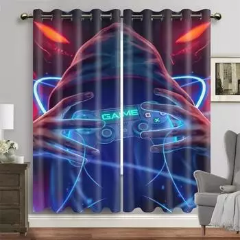 2 panel Gamepad Printed Curtains for Esports Room Large Windows Floor-to-ceiling Window Blinds Grommet Top cortinas Drapes 100W130H(CM)40x51in&rod pocket