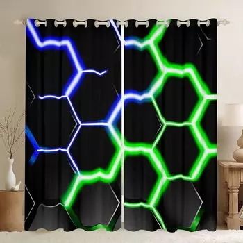 2 panel Glowing Honeycomb Hexagon Geometric Printed Curtains Bedroom Game Room Living Room Windows Grommet Top Rod Pocket Drapes (W50cmxH130cm)x2&Rod Pocket