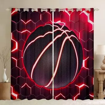 2 panel Hexagonal Geometric Glowing Curtain Basketball Baseball Football Soccer Curtain for Boys Bedroom Blinds Window cortinas 100W130H(CM)40x51in&rod pocket