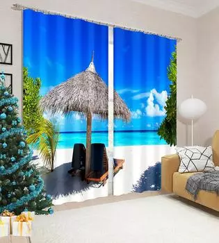 2 Panel Maldivian Seaside Coconut Tree Print Curtain for Living Room Floor-to-ceiling Window Kitchen Bedroom Blinds cortinas 100W130H(CM)40x51in&Grommet Top