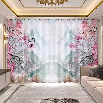 2-панельная картина с изображением персикового цветка, занавеска в китайском стиле для спальни для девочек, роскошное окно в гостиной от пола до потолка Milled cotton fabric&Grommet Top