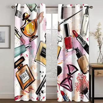 2-панельная занавеска с принтом в виде кисточки для макияжа, помады, духов, для гардеробной, для спальни, жалюзи, оконные шторы, люверсы, верхние шторы 140W160H(CM)55x63in&Grommet Top