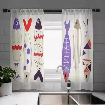 2-панельные шторы с принтом «Кот Фортуны» Шторы для кухни с рыбками Кухонные жалюзи Оконные шторы 75% затемнения Кофейные шторы 100W130H(CM)40x51in&rod pocket