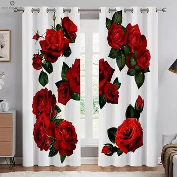 2-панельные шторы с принтом в виде цветка розы для спальни, гостиной, окон от пола до потолка, кухонных жалюзи, оконные шторы 100W130H(CM)&Grommet Top