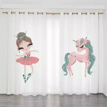 2-панельные шторы с розовым единорогом, шторы для девочек-балерин, детские шторы для спальни девочек, жалюзи на окна от пола до потолка, люверсы сверху 100W130H(CM)40x51in&Grommet Top