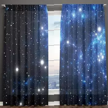 2-панельные шторы со звездным принтом для окон в спальне, от пола до потолка, полузатемняющие шторы небольшого размера для кухонных окон Rod Poc (W50H130cm)-2pcs&Hook
