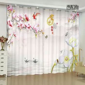 2-панельный цветочный принт с изображением дерева и птицы в китайском стиле для спальни, гостиной, кухни, жалюзи, окна, от пола до потолка, шторы (W50cmxH130cm)x2&Rod Pocket