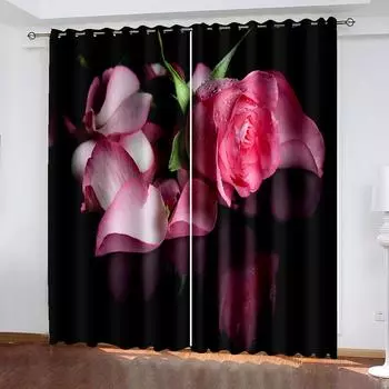 2 Panel Red Rose Pink Flower Curtains for Girls Bedroom Floor-to-ceiling Window Kitchen Shutters Window Semi Blackout cortinas 2x50W100H(CM)&Grommet Top