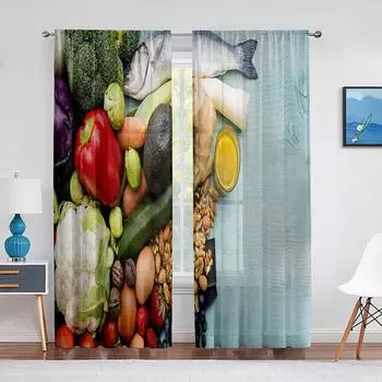 2 panel Vegetable Cucumber Tomato Carrot Printed Curtain for Bedroom Living Room Kitchen Window cortinas W500H250 Big Size (W50cmxH50cm)x2&Rod Pocket