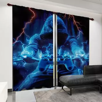 2 панели 3D геймпад оконные шторы игровая декорация киберпанк коллаж шторы для гостиной спальни кухни ванной комнаты 100W130H(CM)&Grommet Top