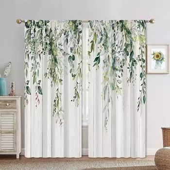 2 панели Европейский пасторальный стиль Минималистский Ветер Растительные Шторы, Зеленые Листья Цветочные Шторы для Гостиной, Спальни, Декоративные W60xH100(CM)x2pcs&Hook