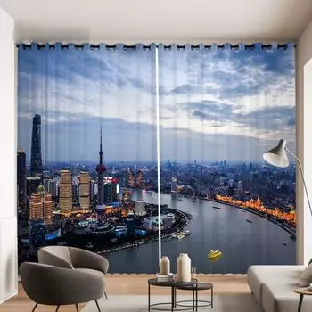 2 панели Город Ночной Вид Город Высотное Здание Пейзаж Печатный Штора для Спальни Гостиной Кухни Окно Драпировка Кортинас 100W130H(CM)40x51in&Grommet Top