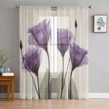2 панели пользовательские цветочные вуали занавески тюльпан розовый фиолетовый цветочный принт занавески для спальни гостиной оконные занавески прозрачная драпировка 2x50Wx50H(CM)&Hook