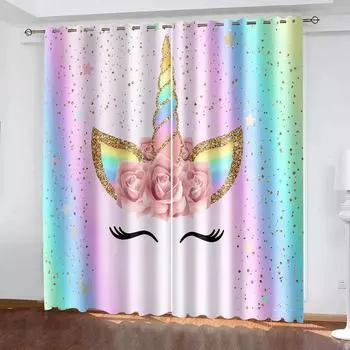 2 панели Радуга Лошадь Единорог Светофильтрующие Шторы Детская Комната Шторы Мальчики Девочки Спальня Гостиная Декоративные Шторы W60H60(CM)x2pcs&HOOK