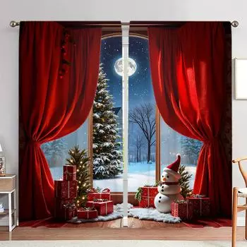 2 панели Рождественский подарок Снеговик Ночь Снежная сцена Луна Узор Шторы на окна - Идеально подходит для спальни, гостиной, гостиной 52.5cmX116cm X 2pcs