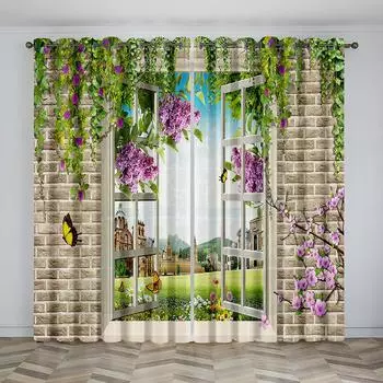 2 панели с цветочным принтом для карниза с карманом и люверсом для верхнего окна для спальни, офиса, кухни, гостиной, кабинета, домашнего декора Milled cotton fabric&Grommet Top