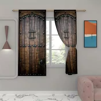 2 панели винтажные деревянные двери узор напечатанные шторы для гостиной спальни, полупрозрачный светофильтр модный домашний декор W60H60(CM)x2pcs&HOOK