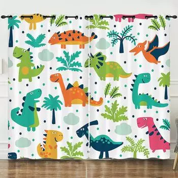 2 Panels Cartoon Animal Little Dinosaur Pattern Print Curtains for Home Children s Room Bedroom Living Room Kitchen Home Decor W50H60(CM)x2PCS&Hook