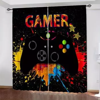 2 Panels Gamer Curtains for Bedroom Rod Pocket Video Game Gaming Graffiti Gamepad Controller for Living Room Decor Window 100W130H(CM)40x51in&rod pocket