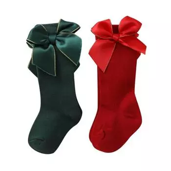 2 пары детских рождественских носков, носки длиной до середины икры с украшением в виде банта для малышей, девочек, мальчиков, 0-4 лет 0-1 Year